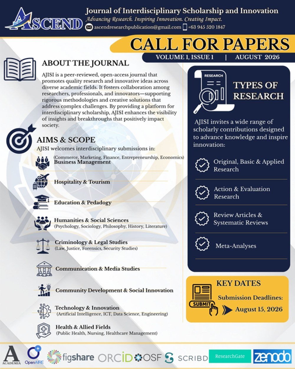 Call for papers: about the journal, aims and scope, types of research, and key dates.